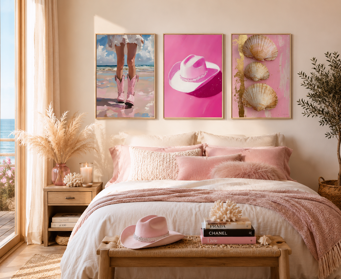 A styled bedroom interior with three framed wall art prints above a bed. The prints show a beach scene with pink boots, a pink cowboy hat, and seashells on a pink background.