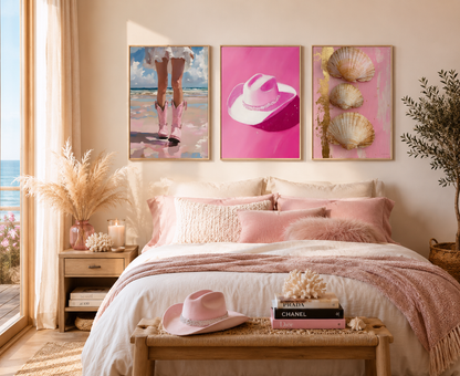 A styled bedroom interior with three framed wall art prints above a bed. The prints show a beach scene with pink boots, a pink cowboy hat, and seashells on a pink background.