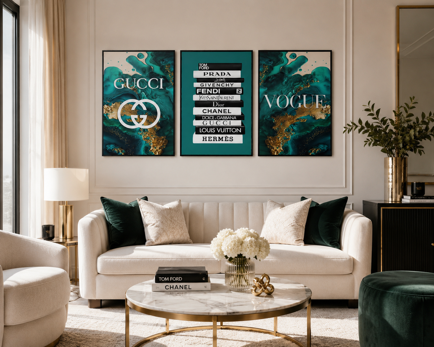 A styled living room featuring a three-panel framed wall art set with luxury logos and names including Gucci, Prada, Fendi, Chanel, Louis Vuitton, and Hermès. The artwork has a dark teal and gold abstract background with white text and logos.