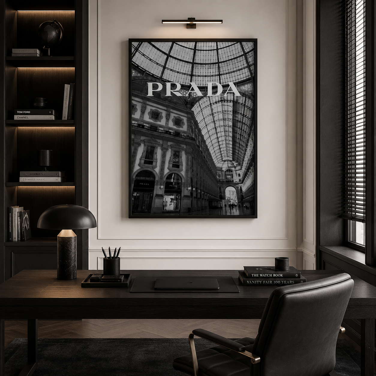 A framed black and white art print of a grand architectural hall with the word 'PRADA' across the top, displayed on a white wall above a dark wood desk in a modern office setting.