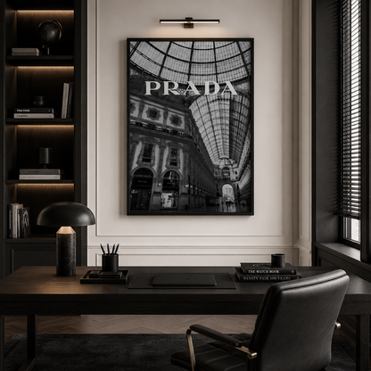 A framed black and white art print of a grand architectural hall with the word 'PRADA' across the top, displayed on a white wall above a dark wood desk in a modern office setting.