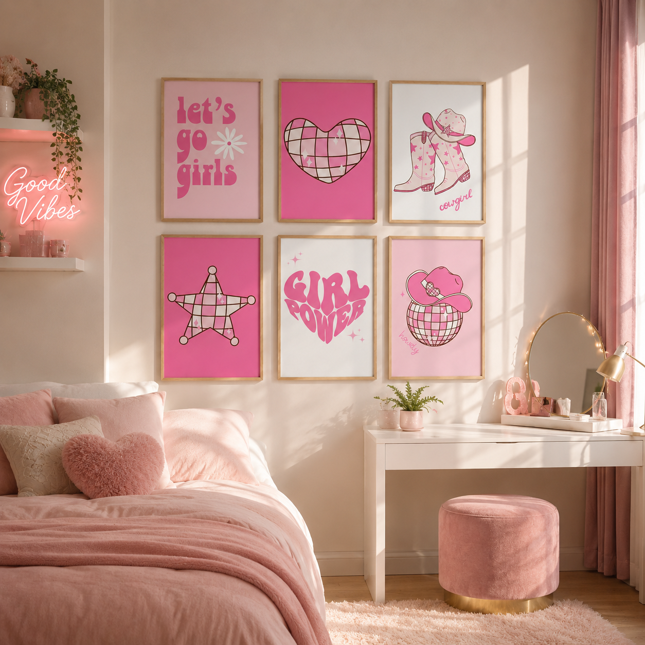 Six framed pink-themed wall art prints arranged above a bed in a softly styled bedroom. The prints feature pink text, hearts, cowboy boots, stars, and a disco ball motif in pink and white, with a pink neon sign, white desk, mirror, and pink stool nearby.