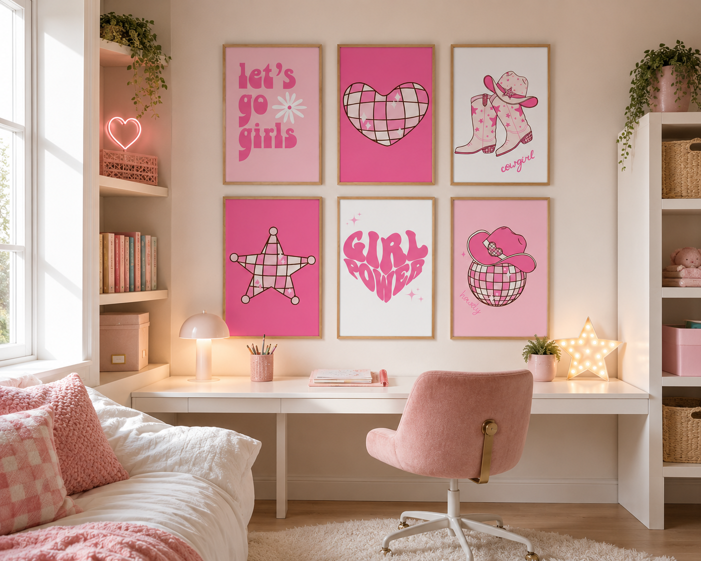 A styled children's bedroom featuring a set of six pink and white framed wall art prints with retro themes like 'let's go girls', a plaid heart, boots and hat, a plaid star, a plaid heart-shaped 'girl love', and a plaid hat. The room includes a pink swivel chair, a white desk, and shelves.