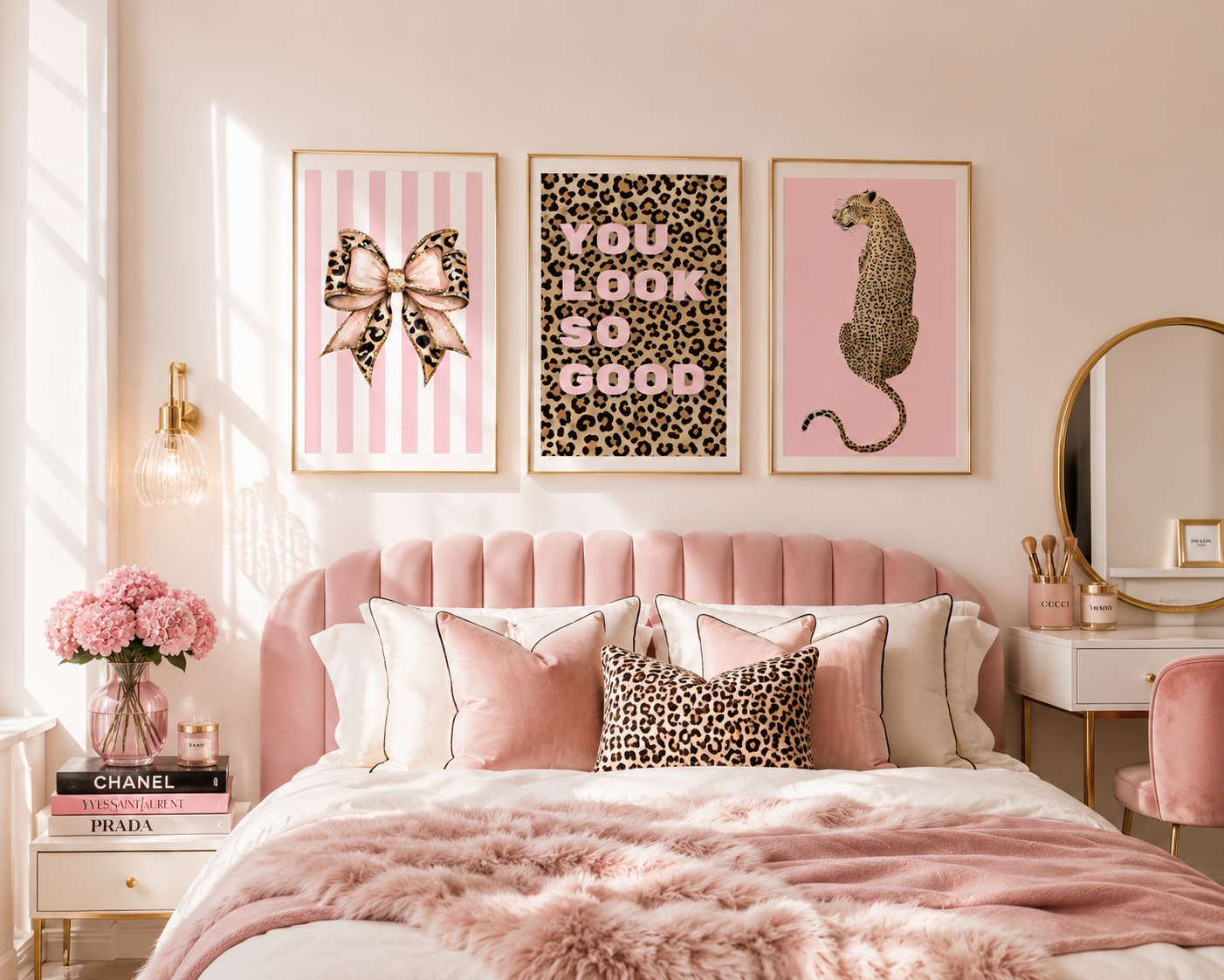 A styled bedroom scene with three framed wall art prints above a pink tufted bed. The prints feature pink-and-white stripes with a leopard-print bow, pink text reading 'YOU LOOK SO GOOD' over leopard print, and a pink leopard-print cheetah.