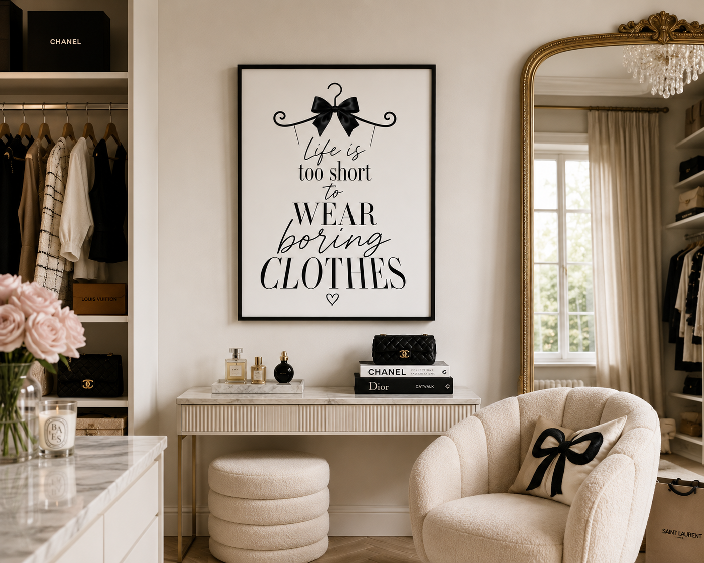 A framed wall art print with the text 'Life is too short to WEAR boring CLOTHES' hangs in a styled dressing room. The print has a black bow graphic at the top and is displayed above a console table with a chair, ottoman, mirror, and closet shelves in the background.