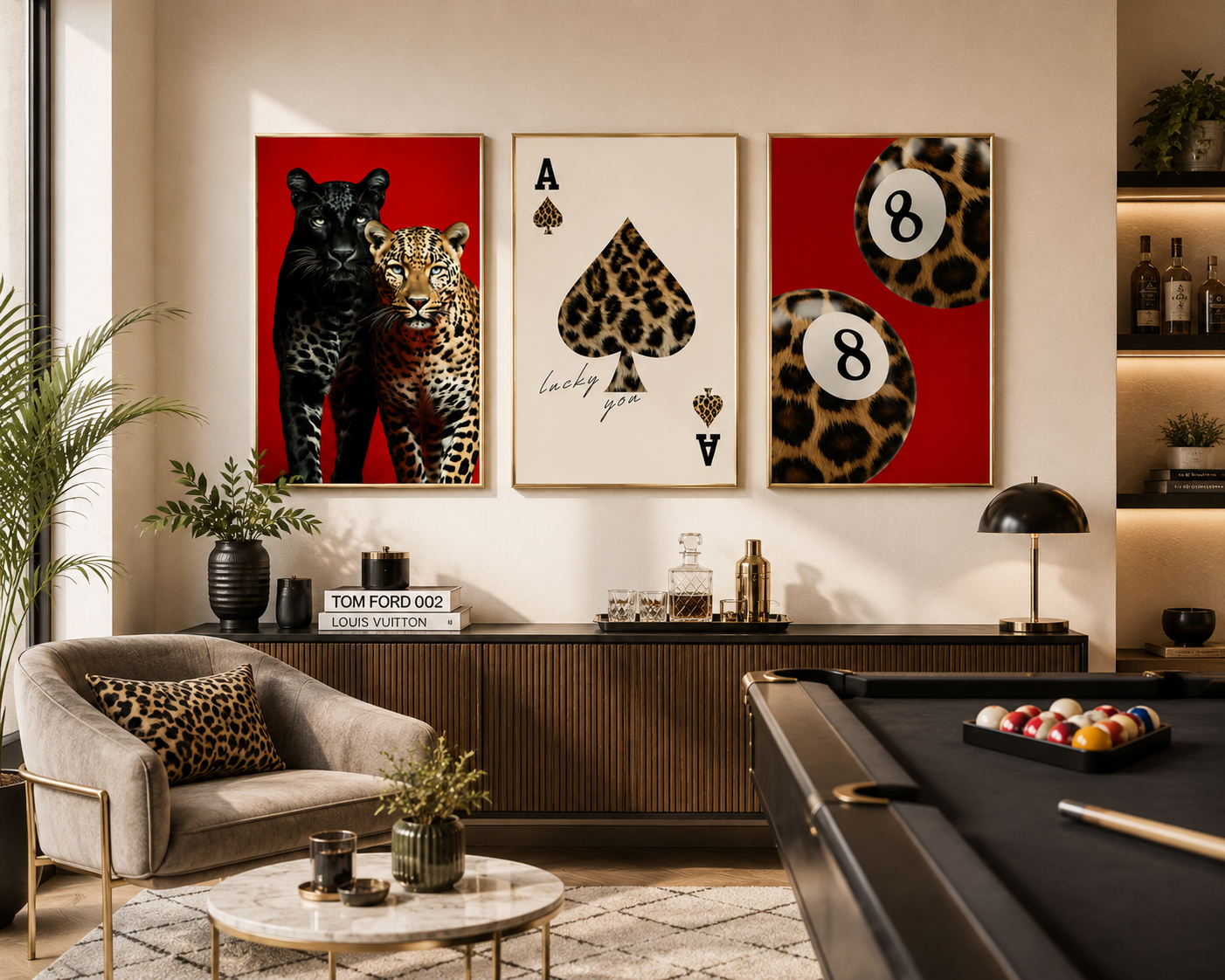 Three framed wall art prints displayed above a console in a modern living room. The left print shows a black panther and leopard on a red background; the center print features an acespade with leopard print details and the words 'Lucky 13'; the right print shows two leopard-print 8-ball pool balls on a red background.
