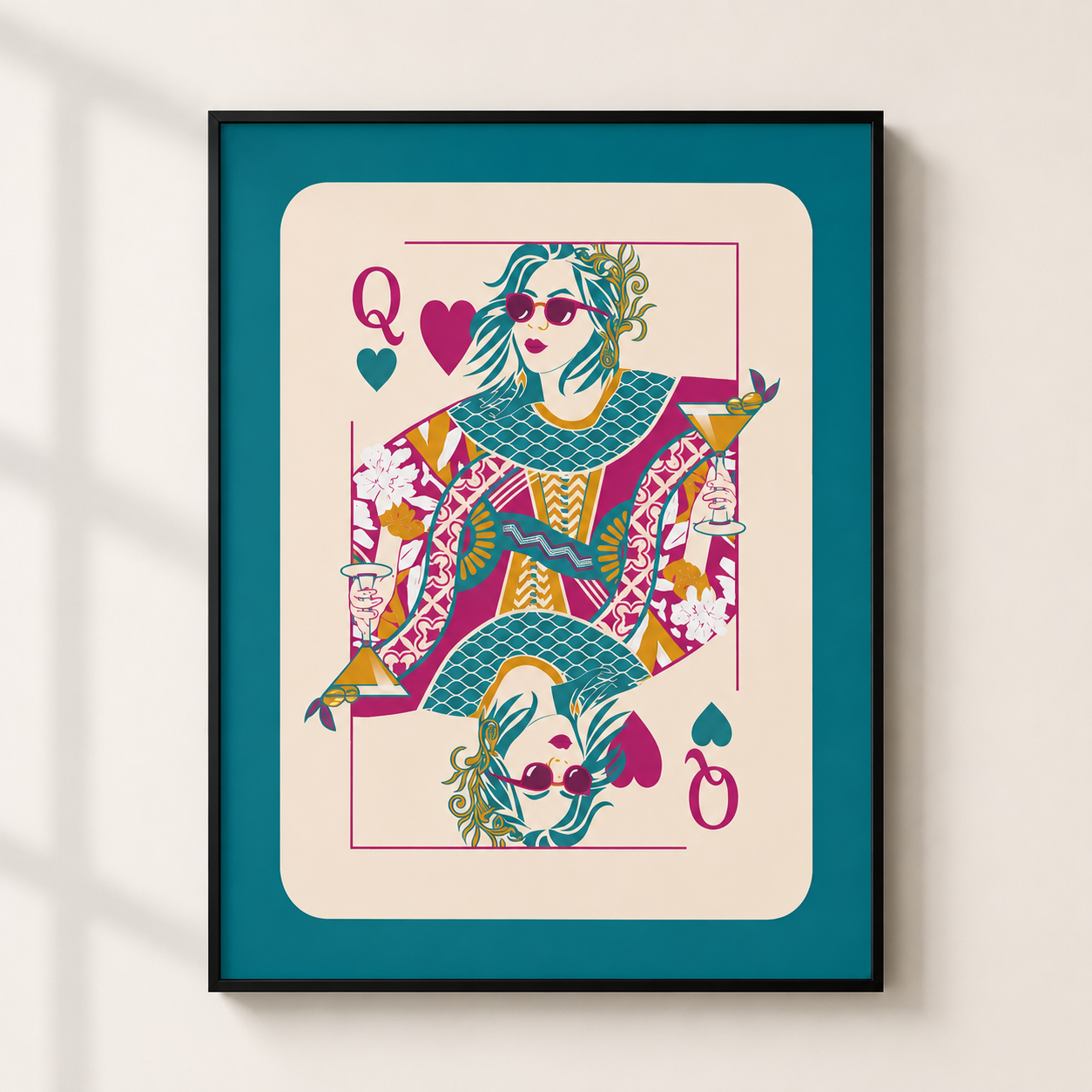 A framed art print of a stylized Queen playing card illustration, featuring a colorful character in a patterned dress on a cream background with a teal border, mounted on a light beige wall.