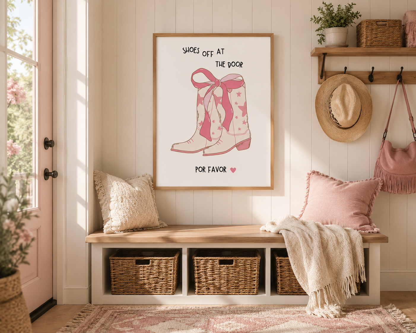 A framed art print featuring a pink cowboy boot illustration with the text 'shoes off at the door for favor' displayed on a wall in a cozy, sunlit entryway with a bench, pillows, and baskets.