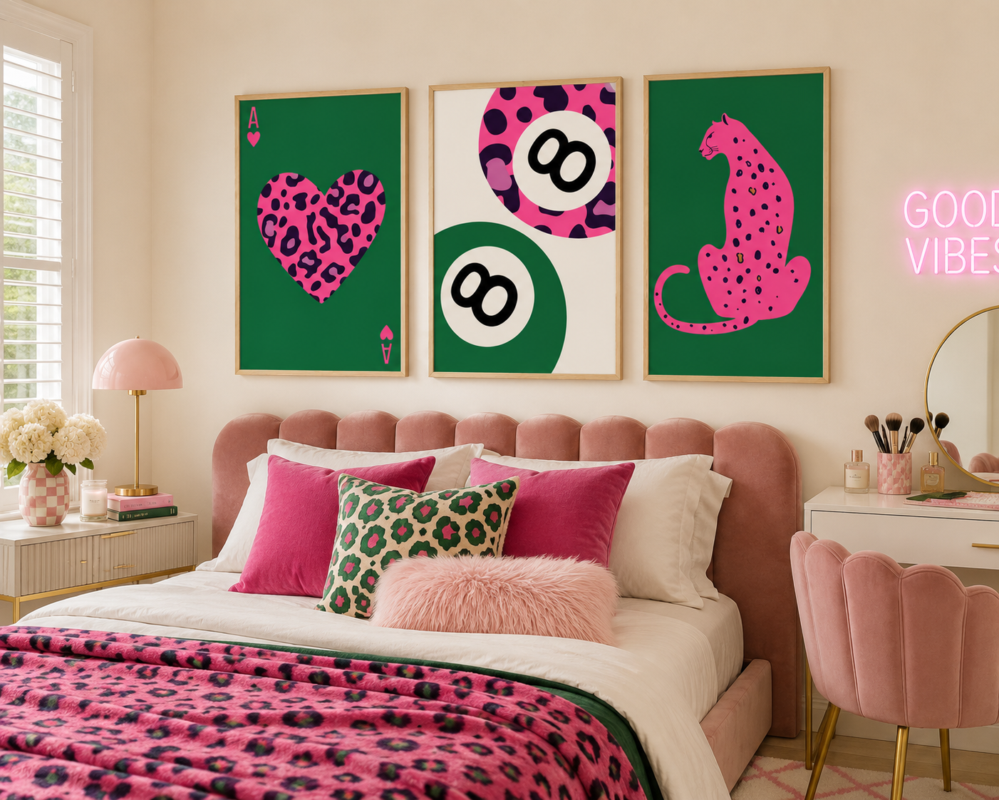 A styled bedroom featuring three framed wall art prints above a bed. The prints have bold pink and green leopard-print designs: a heart on the left, billiard balls in the center, and a cat on the right.