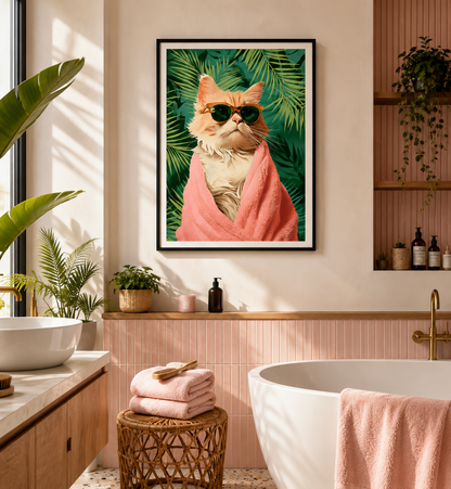A framed wall art print featuring a cat wrapped in a pink towel and wearing green sunglasses, set against a tropical leaf background. The print is displayed in a modern bathroom setting with a pink tub, plants, and a wicker stool.