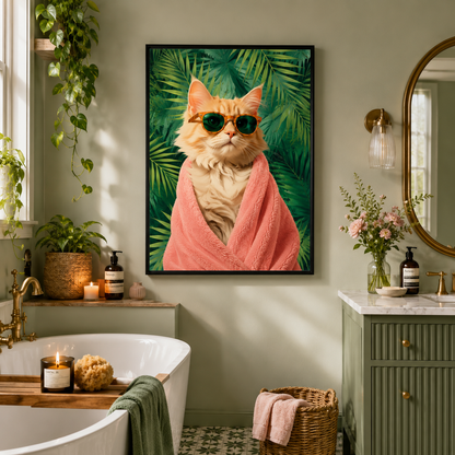 A framed wall art print showing an orange cat wrapped in a pink towel and wearing green sunglasses, set against a tropical palm leaf background. The print is displayed in a styled bathroom setting with a bathtub, plants, and a vanity.