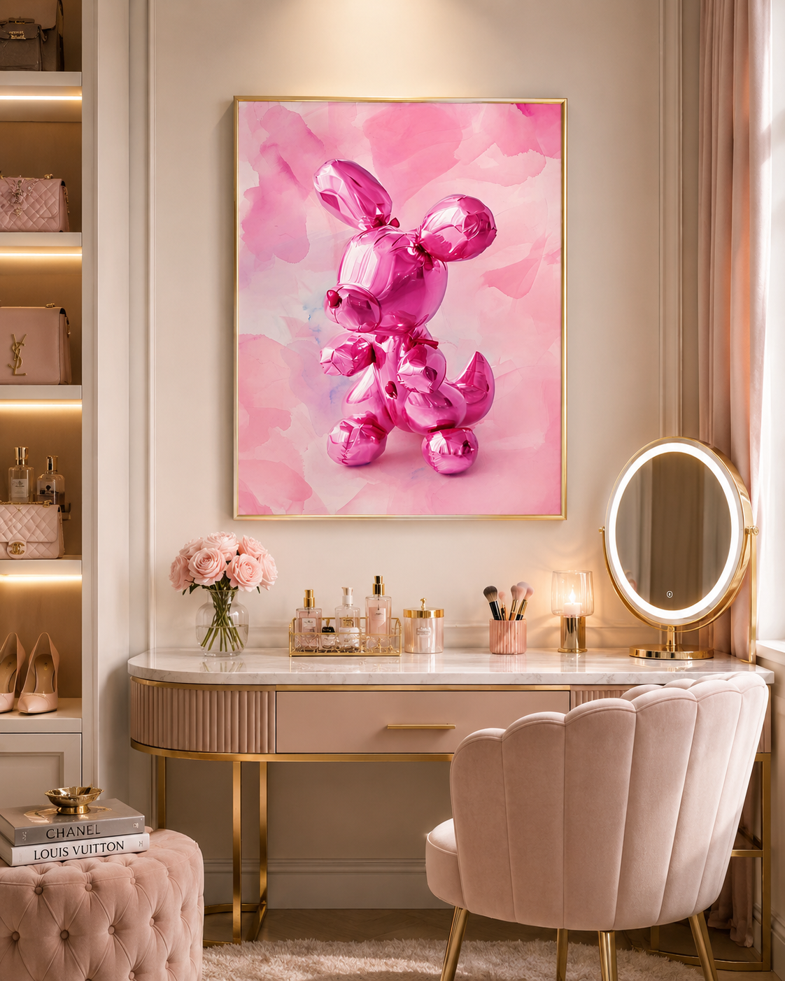 A pink watercolor-style wall art print featuring a glossy metallic pink balloon-bug style character, displayed above a vanity desk in a styled room with a pink chair, mirror, and shelves.