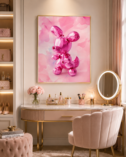 A pink watercolor-style wall art print featuring a glossy metallic pink balloon-bug style character, displayed above a vanity desk in a styled room with a pink chair, mirror, and shelves.