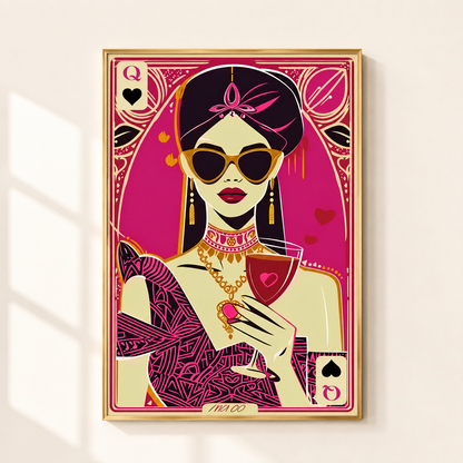 A framed art print featuring a stylized illustration of a woman in a pink and gold playing-card-inspired design, hanging on a light beige wall with soft window shadows.