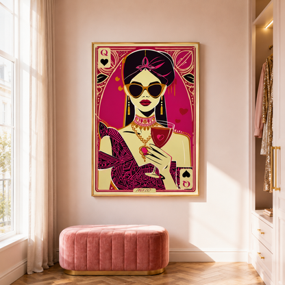 A framed art print featuring a stylized Queen of Spades playing card illustration in pink, gold, and cream tones, displayed on a beige wall in a modern room above a pink velvet ottoman.