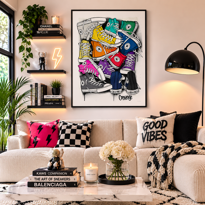 A framed wall art print featuring a colorful collage of high-top sneakers in a graffiti-style drawing, displayed above a beige sofa in a styled living room with decorative pillows, books, plants, and a lamp.