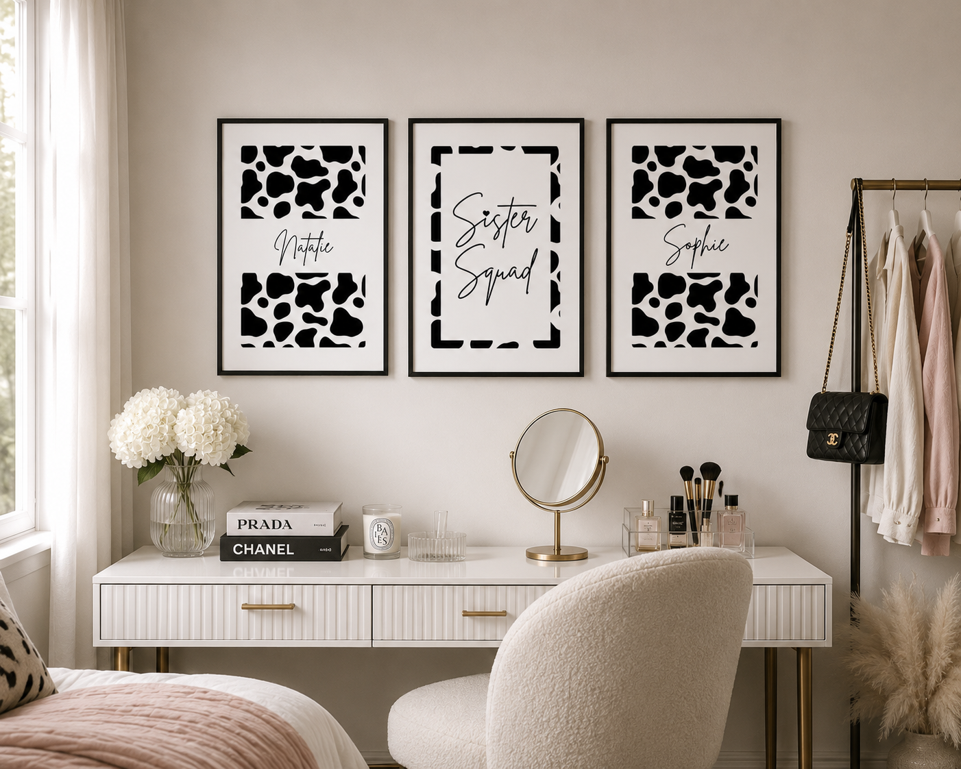 Personalised Sister Squad wall art set featuring custom name prints with bold black and white cow print patterns in a modern monochrome triptych design.