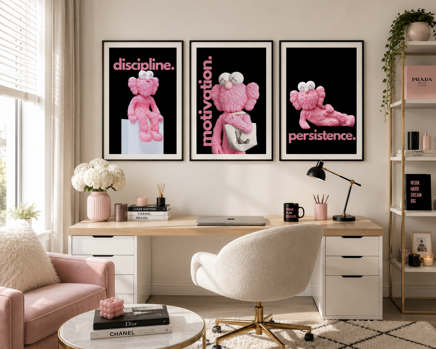 Three framed motivational posters featuring pink cartoon bears with the words 'discipline.', 'motivation.