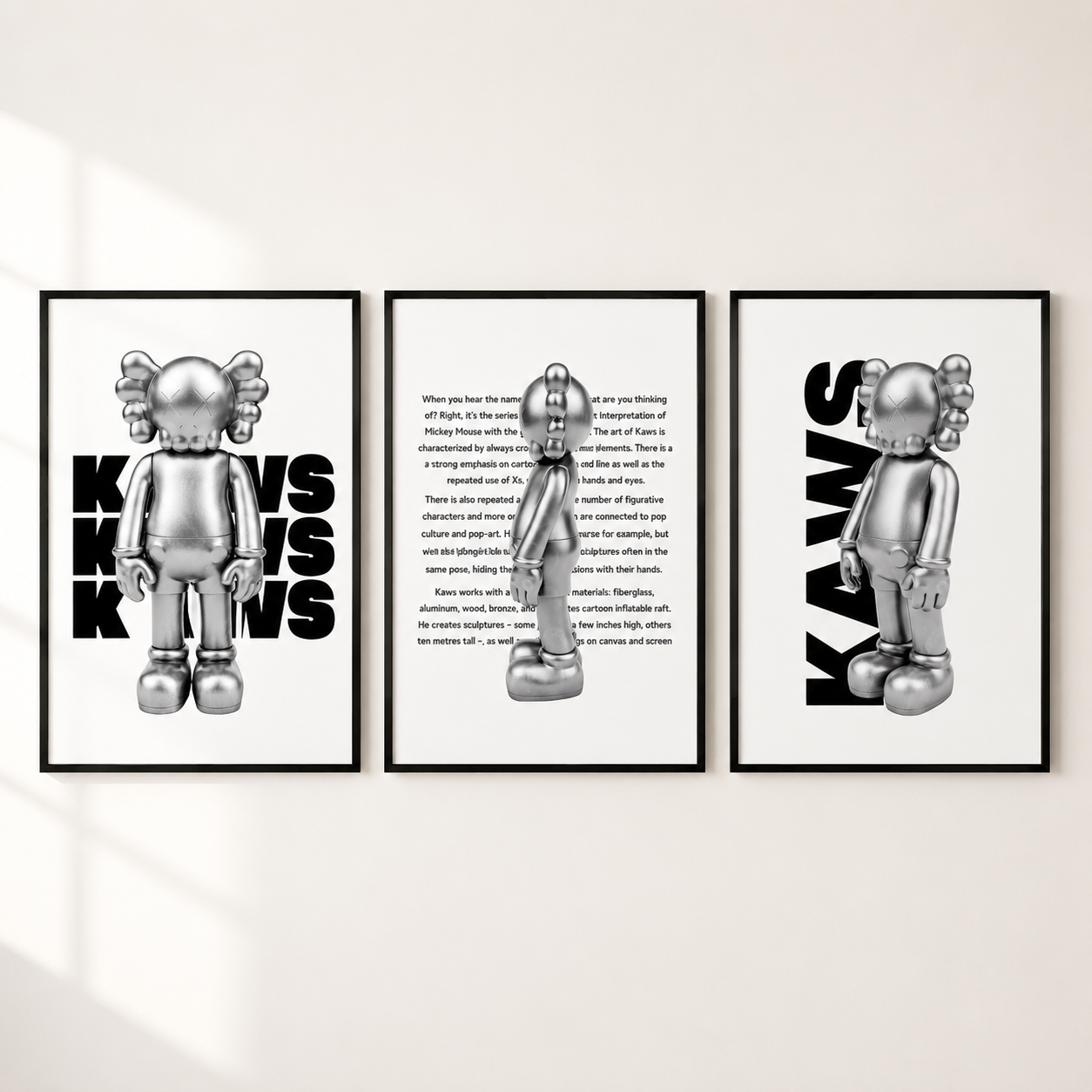 Three framed wall art prints featuring a metallic silverKAWS character and bold black text, displayed side by side on a light beige wall.