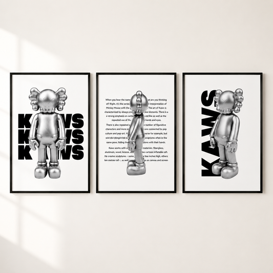 Three framed wall art prints featuring a metallic silverKAWS character and bold black text, displayed side by side on a light beige wall.