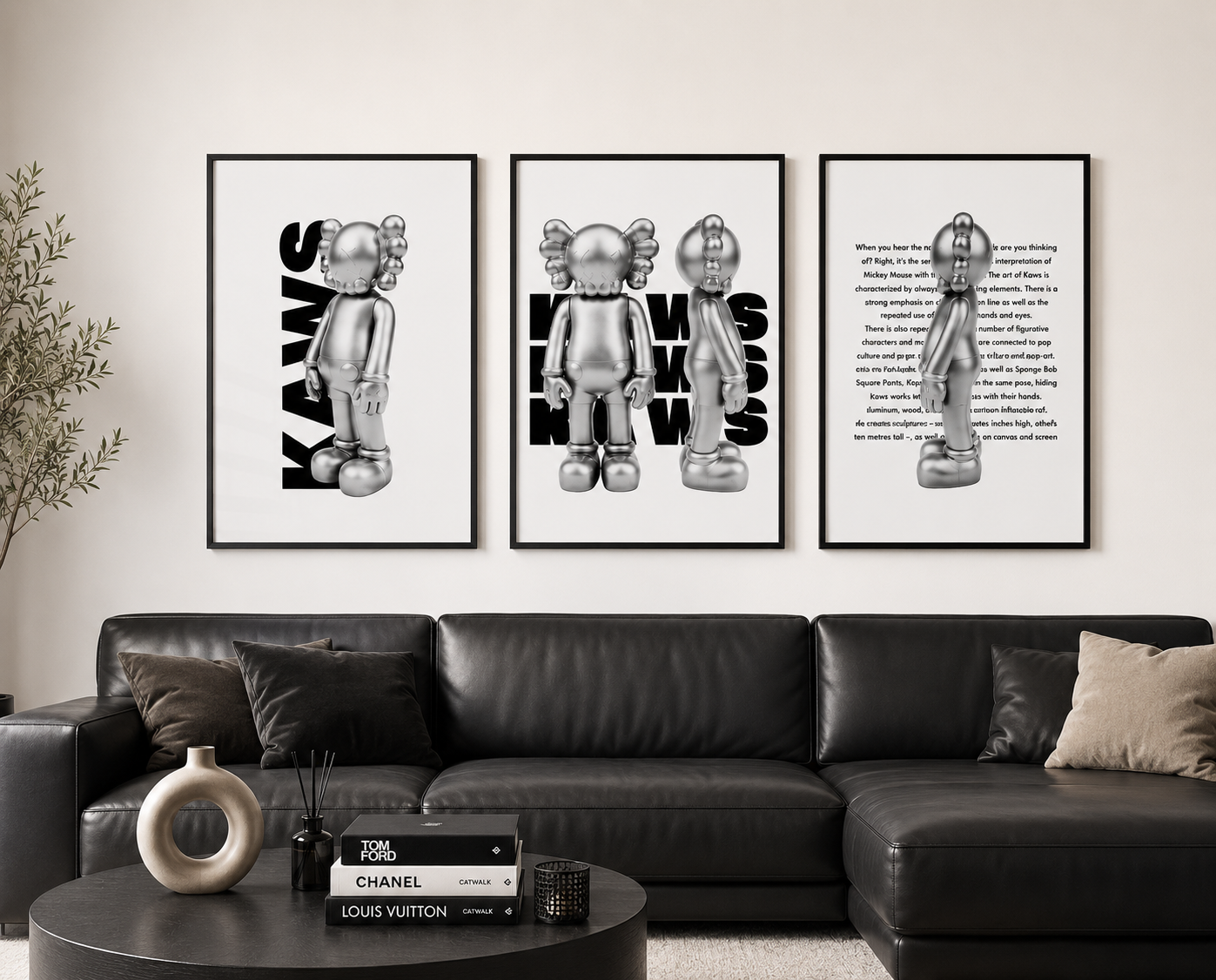Three framed black and white art prints featuring KAWS character designs are displayed on a wall above a modern black leather sectional sofa in a living room setting.
