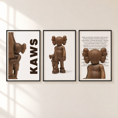 Three framed wall art prints featuring a brownKAWS character design, displayed side-by-side on a light beige wall with soft window shadow patterns.
