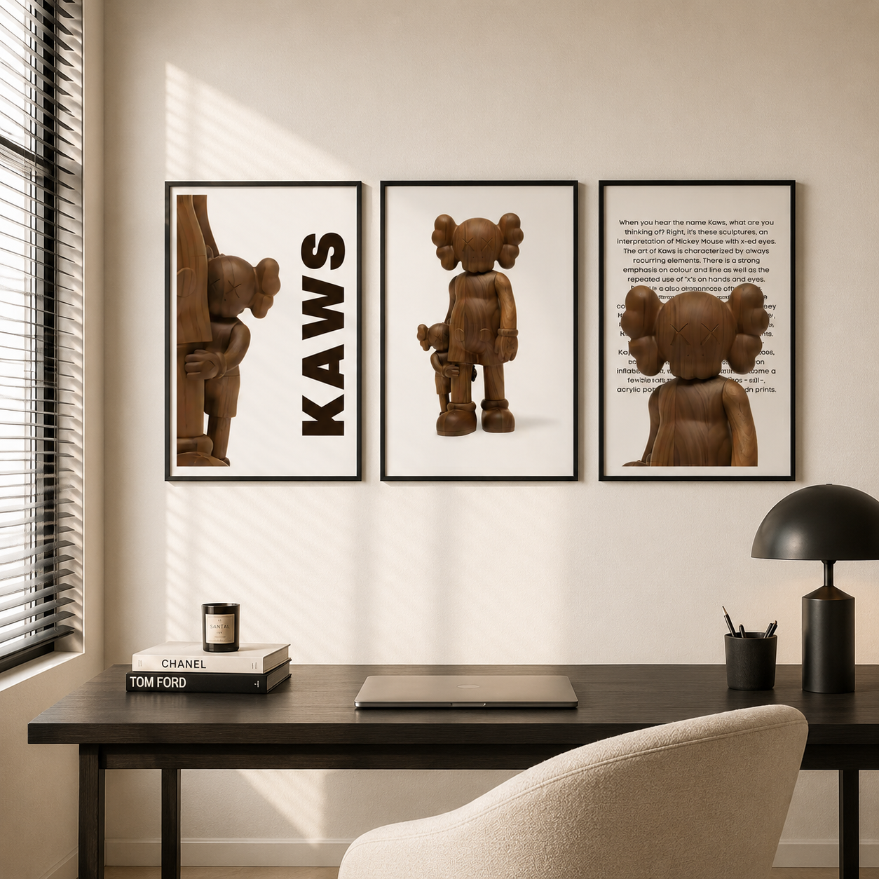 Three framed wall art prints featuring stylized brown character illustrations and text, displayed above a dark desk in a modern room with a chair, lamp, and window blinds.