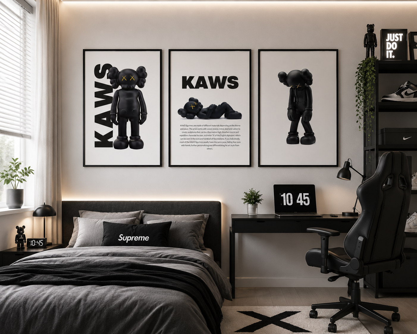 A styled bedroom interior featuring three framed black-and-white 'KAWS' wall art prints above a bed. The room includes a desk, black gaming chair, shelving, plants, and a window with blinds.