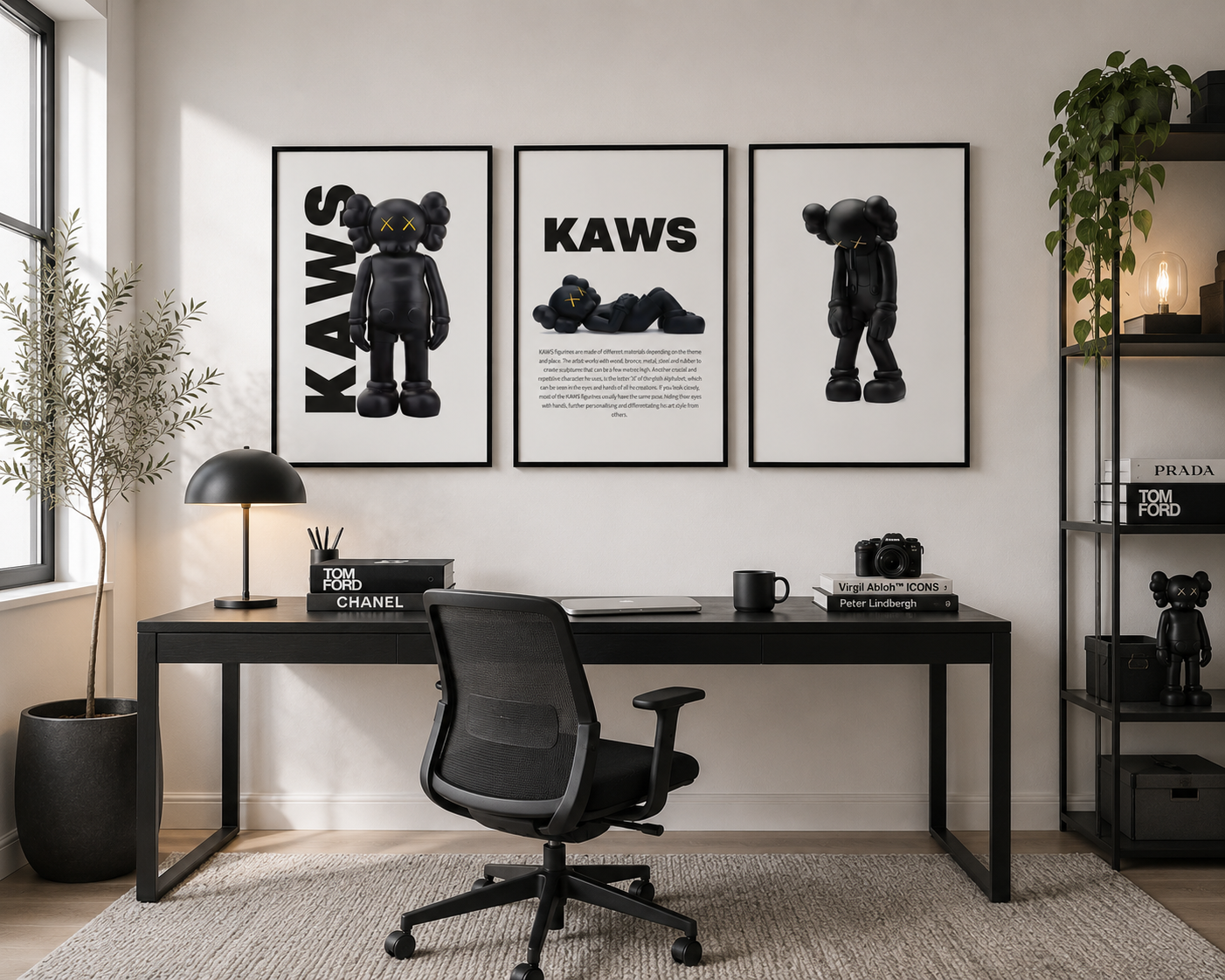 Three framed black and white KAWS art prints are displayed on a white wall above a black desk in a modern home office setting with a black office chair, desk lamp, and shelving.