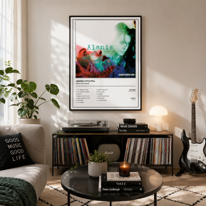 A framed music poster of Alanis Morissette's 'Jagged Little Pill' hanging on a beige wall in a modern, sunlit living room. The room features a black record store cabinet filled with vinyl records, a black coffee table with books, a green sofa with a decorative pillow, and a black electric guitar leaning against the wall.