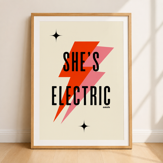 She's Electric inspired indie rock typography wall art print with bold red and pink lightning bolt on cream background.
