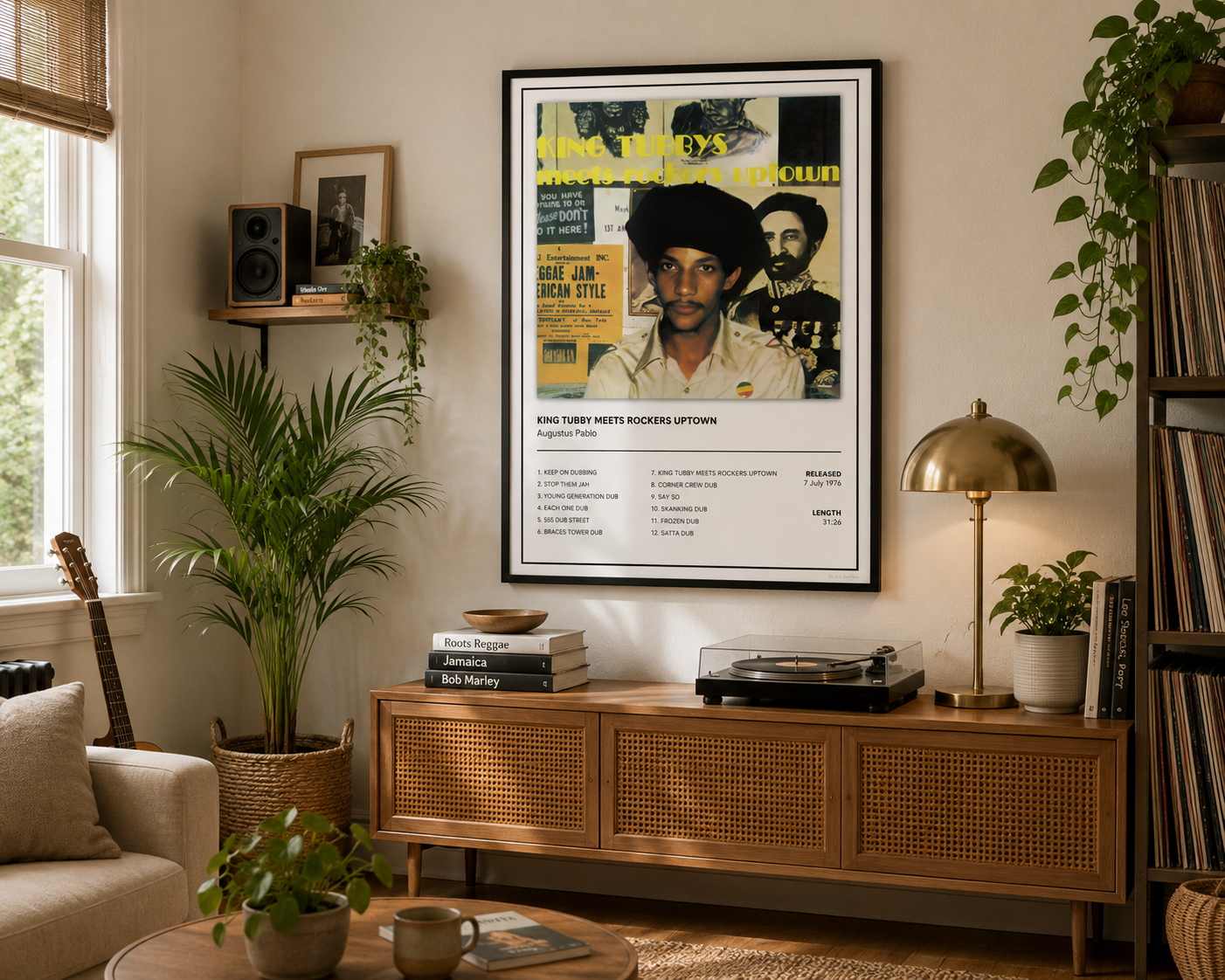 A framed music poster of King Tubby Meets Rockers Uptown hanging on a beige wall in a styled living room with a wooden credenza, plants, a brass lamp, and a record player.
