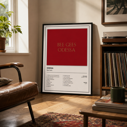 A framed Bee Gees 'Odessa' music poster leaning against a beige wall in a cozy, sunlit living room with a leather chair, record shelf, and wooden coffee table.