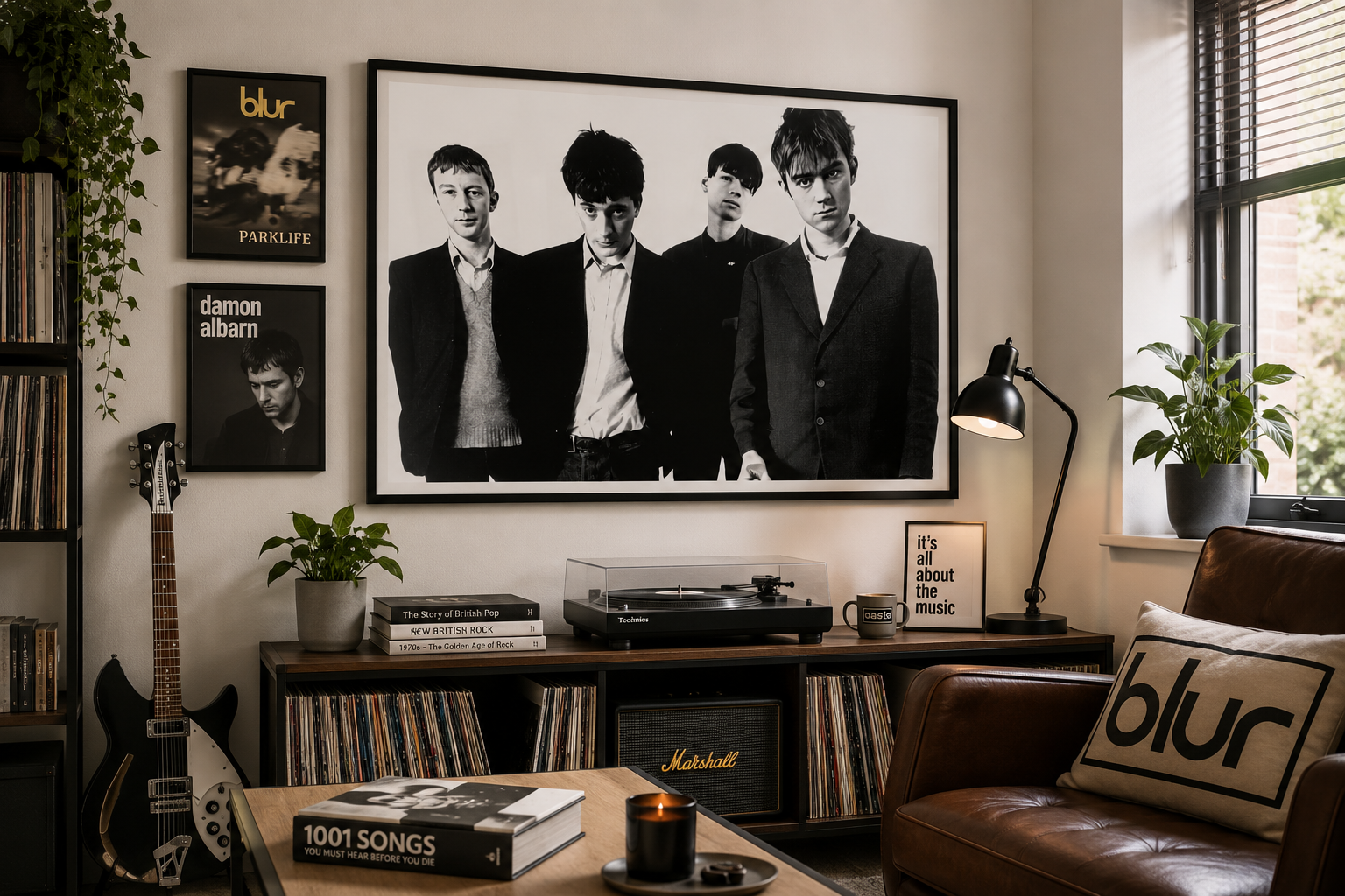 A large black and white framed poster of the band Blur hangs on a beige wall in a styled living room. The room features a brown leather sofa with a matching pillow, a wooden record player, a guitar, and other framed Blur album art.