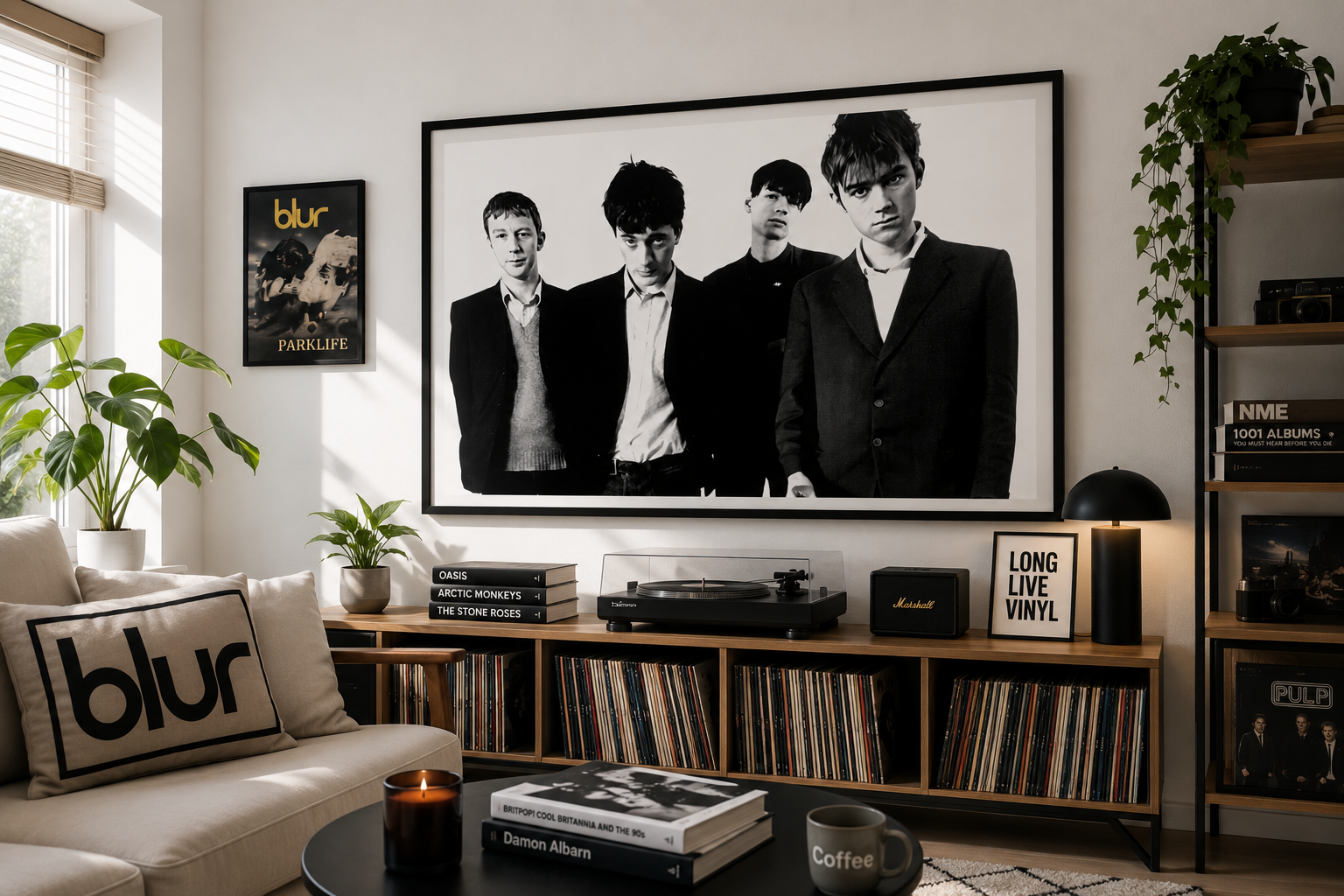A large black and white framed wall art print of the band Blur is displayed in a modern living room setting above a wooden record console. The room features a beige sofa with a matching 'blur' throw pillow, a record shelf, and plants.