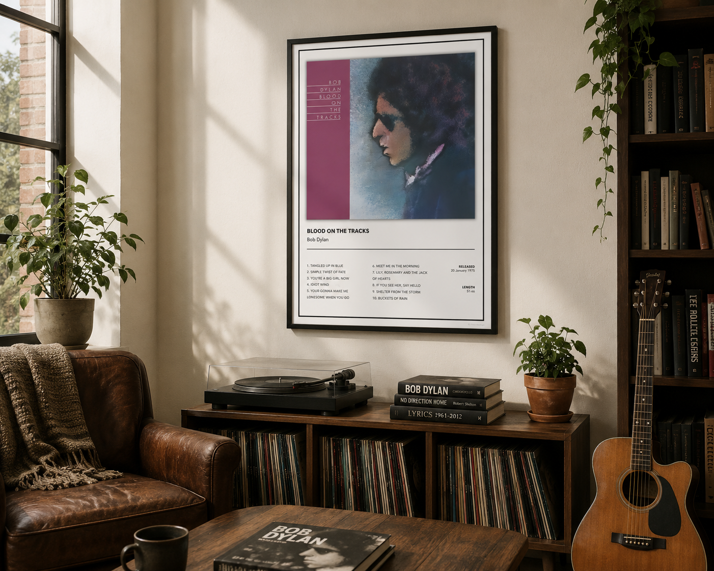 A framed Bob Dylan 'Sound of the Years' music poster hangs on a wall in a cozy, sunlit living room with a leather armchair, record player, and guitar.