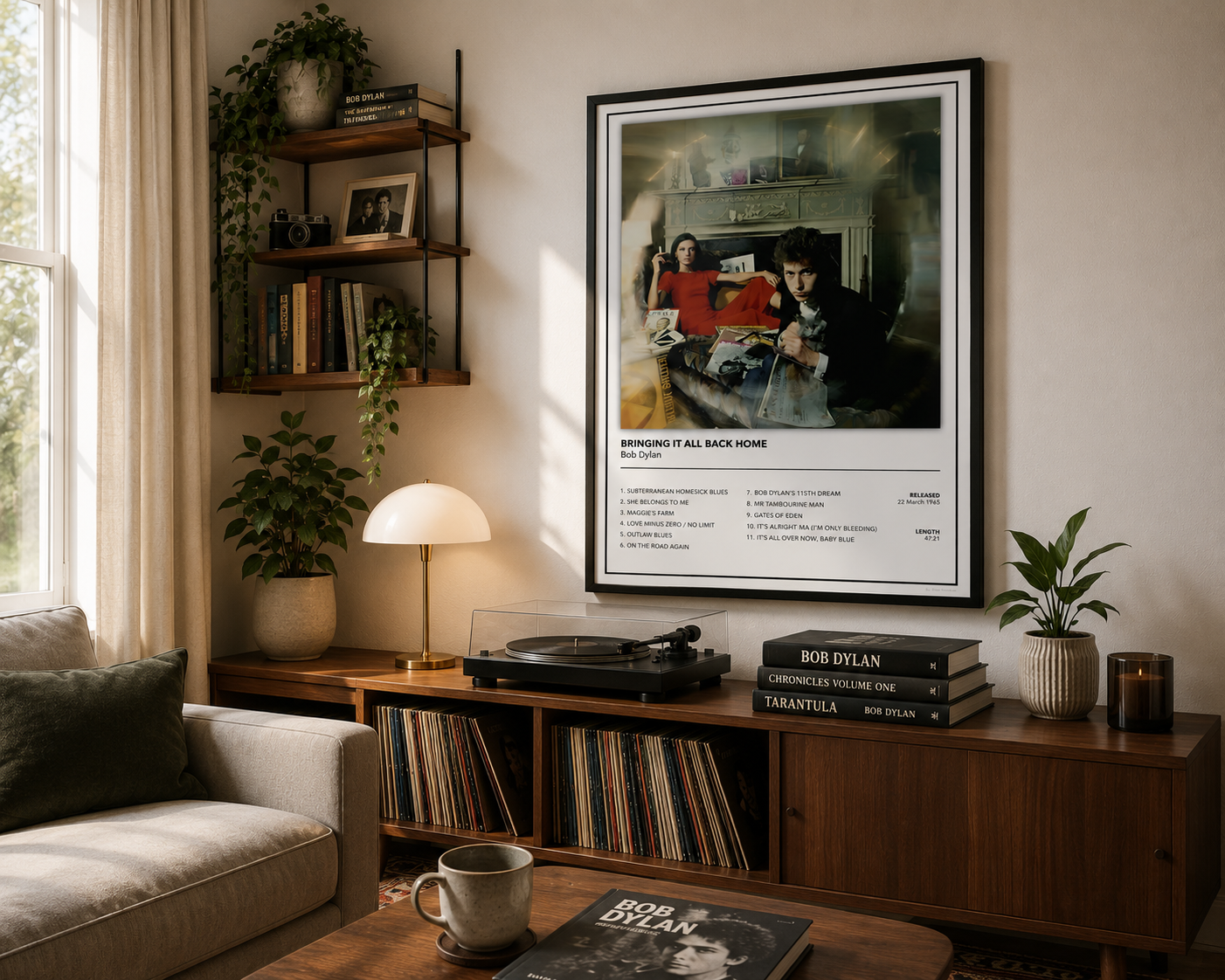 A framed Bob Dylan 'Bringing it all back home' music poster hangs on a beige wall in a cozy, modern living room setting with a wooden console table, vinyl records, a lamp, and a sofa.