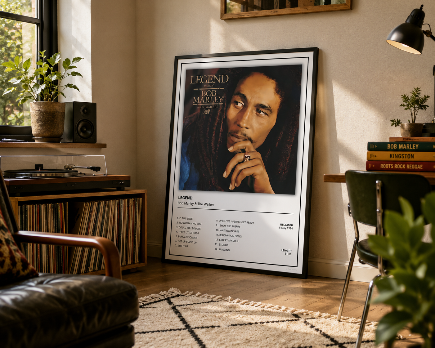 A framed Bob Marley poster leaning against a wall in a cozy, sunlit living room with a record player, plants, and a chair.