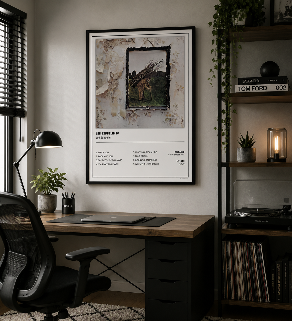 Led Zeppelin IV inspired album artwork and tracklist print for classic rock music lovers.