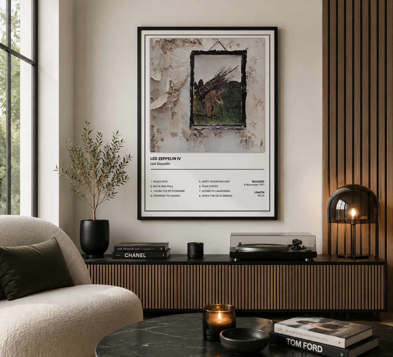 Minimalist Led Zeppelin IV music print displayed in a modern home office with contemporary décor.