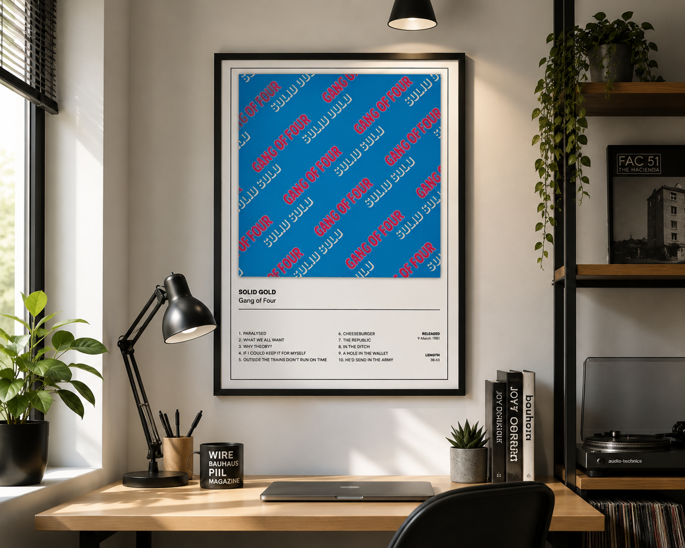 Post-Punk music wall art inspired by Gang of Four's Solid Gold album for record rooms and gallery walls.