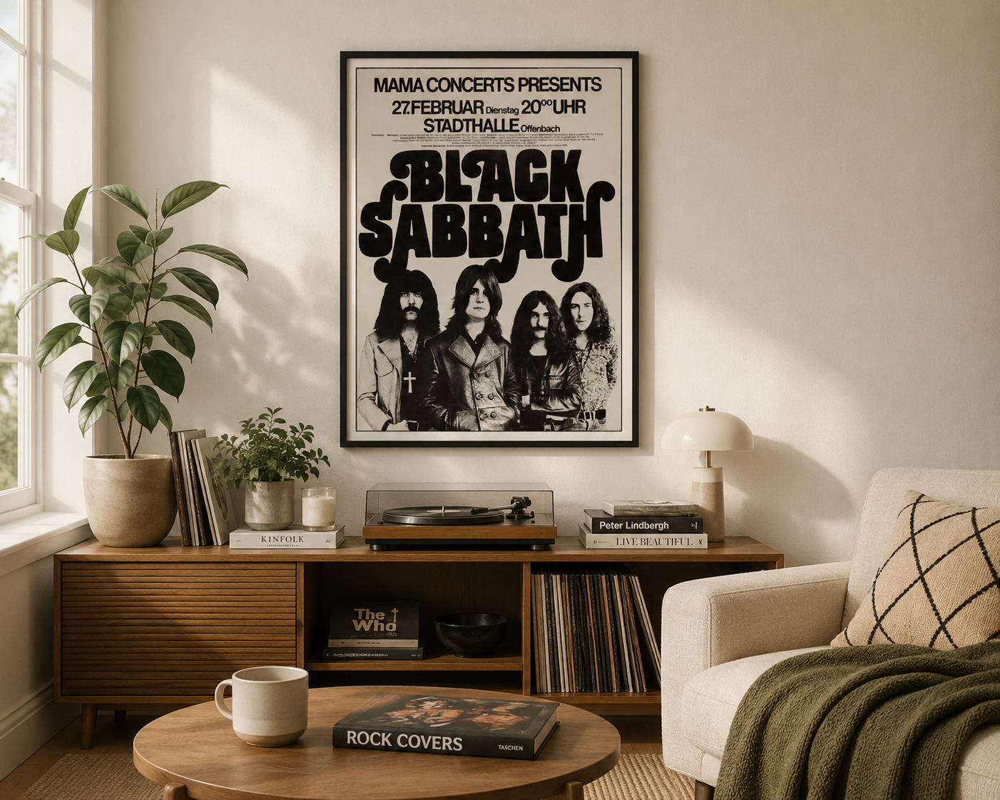 Framed Black Sabbath vintage concert poster displayed above a record player in a bright modern living room with music-inspired décor.