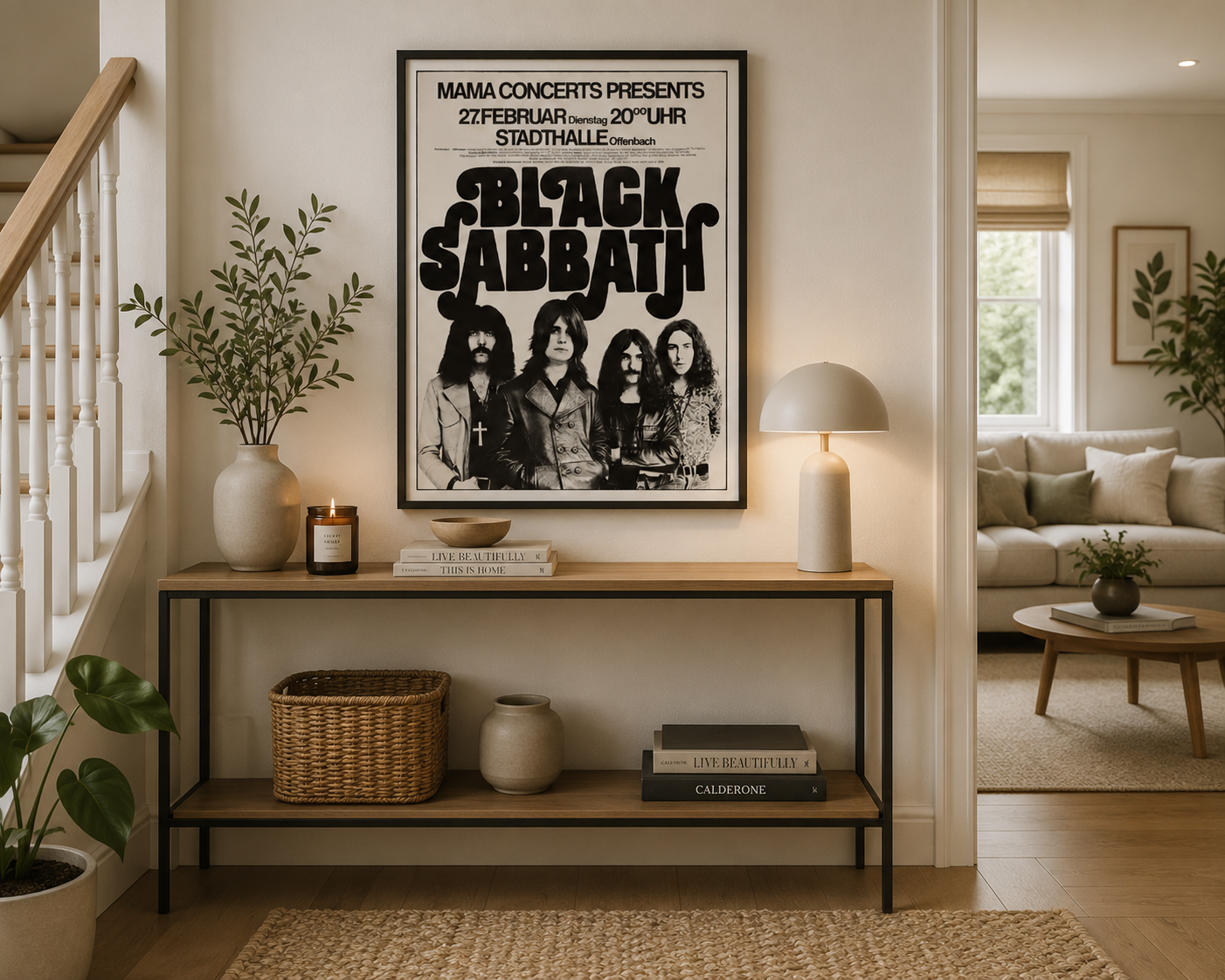 Black Sabbath classic rock wall art hanging in a stylish hallway with neutral décor, natural wood furniture and contemporary accessories.
