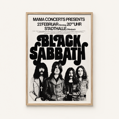 Black Sabbath vintage concert poster print displayed in a minimalist natural oak frame against a soft neutral background, featuring the iconic monochrome band artwork and classic 1970s concert design.