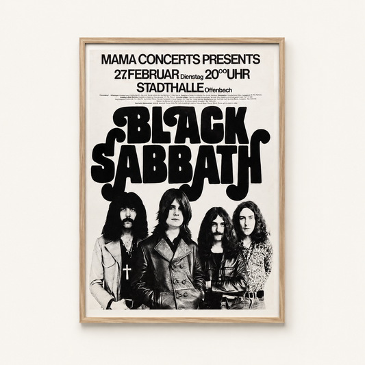 Black Sabbath vintage concert poster print displayed in a minimalist natural oak frame against a soft neutral background, featuring the iconic monochrome band artwork and classic 1970s concert design.