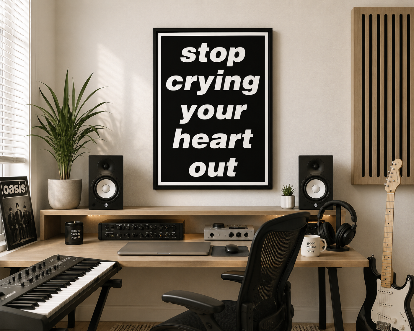 Minimalist Stop Crying Your Heart Out music quote print hanging in a bright contemporary home music studio with recording equipment and neutral styling.