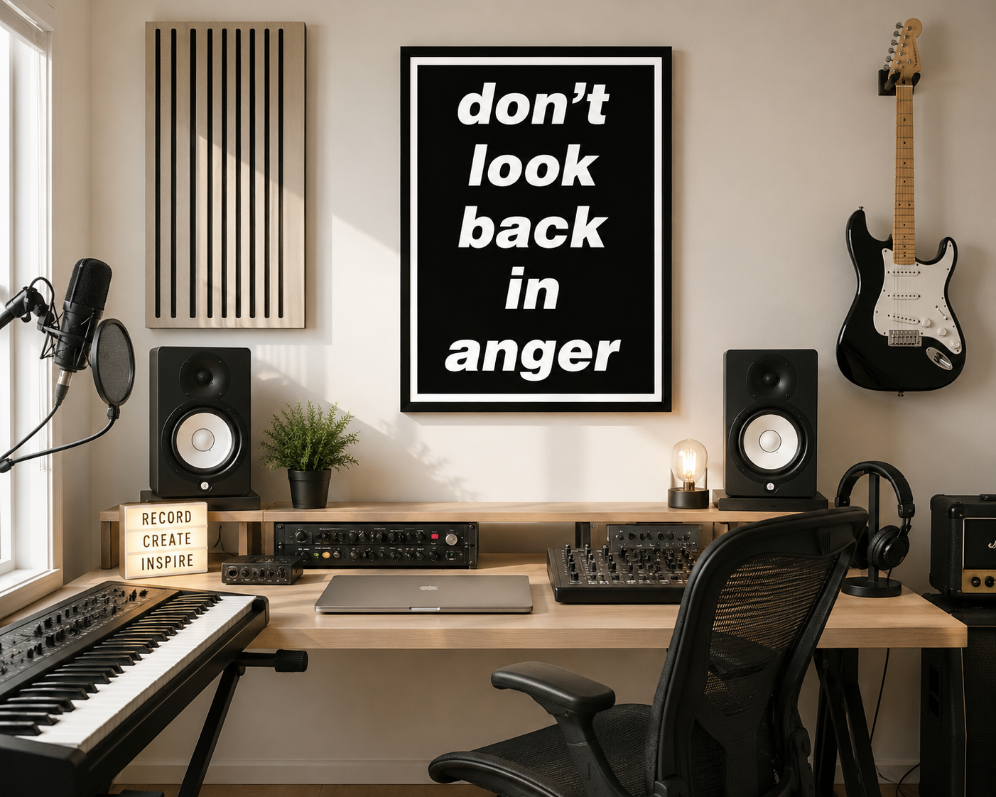 Oasis-inspired Don't Look Back In Anger typography print hanging in a stylish home music studio with recording equipment and Scandinavian-inspired interior.