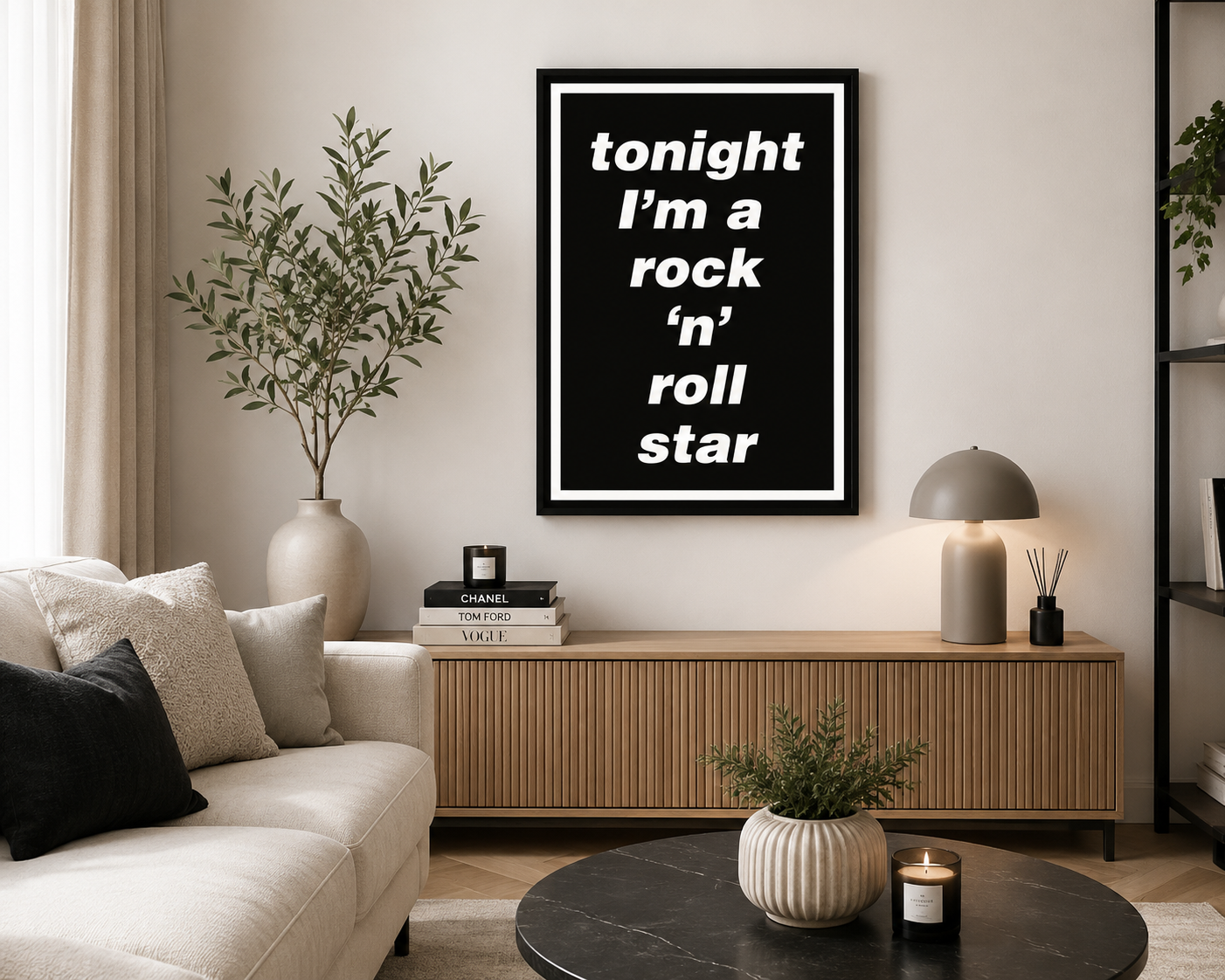 Tonight I'm A Rock 'N' Roll Star lyric wall art displayed in a bright contemporary living room with neutral Scandinavian décor.