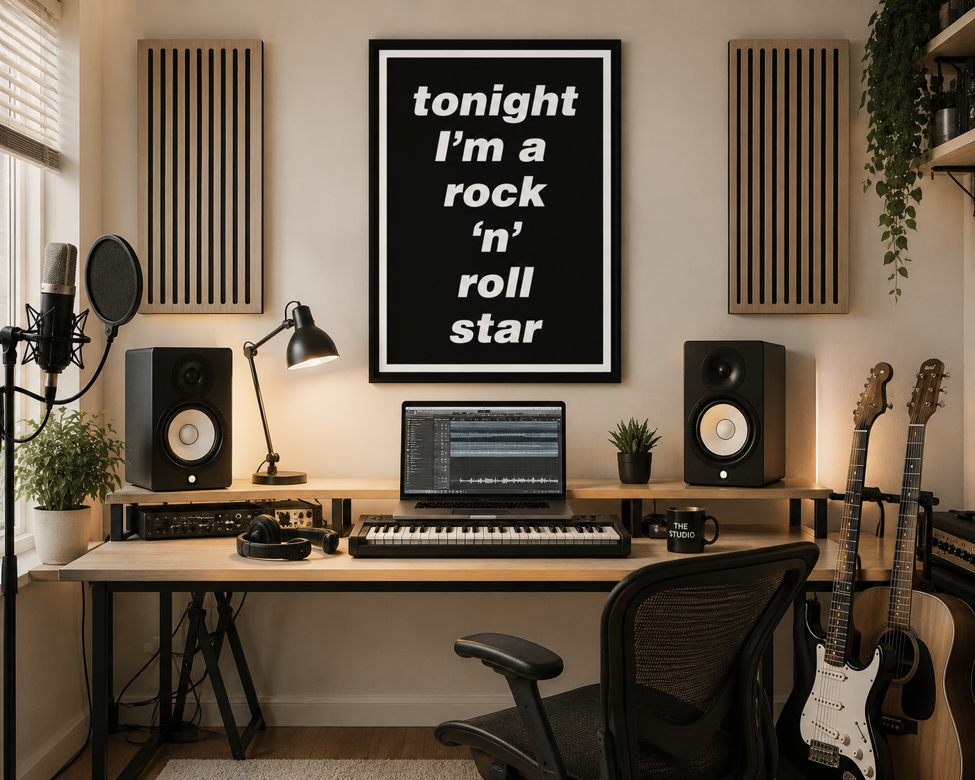 Oasis-inspired Tonight I'm A Rock 'N' Roll Star typography print hanging in a stylish home music studio with guitars, recording equipment and modern minimalist styling.