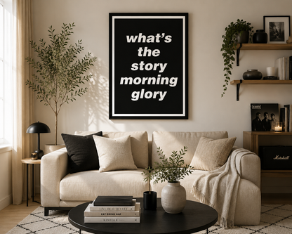 What's The Story Morning Glory wall art displayed in a bright contemporary living room with neutral Scandinavian-inspired décor.
